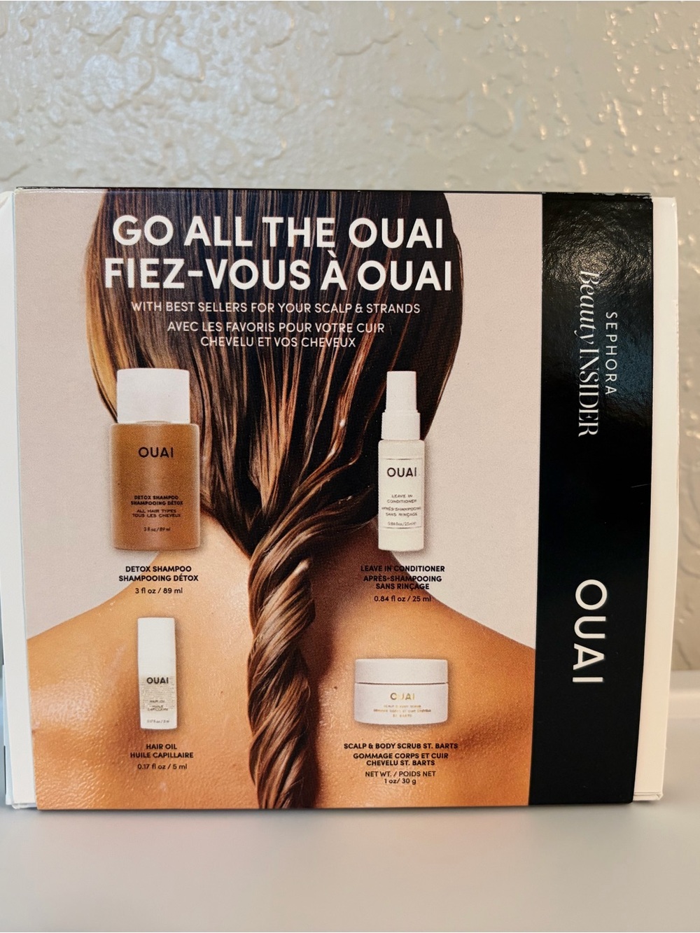 NEW OUAI -Go All The OUAI- 4pc Gift Set-Shampoo, Conditioner, Hair Oil, Scrub